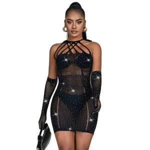 Subblime - 952235 Netz-bodystocking Mit Strass Und Schwarzen Handschuhen Eine Grösse