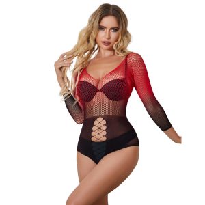 Subblime - 952259 Roter Und Schwarzer Bodystocking Mit Langen Rmeln Und Elastischem Netzverlauf Eine Grösse